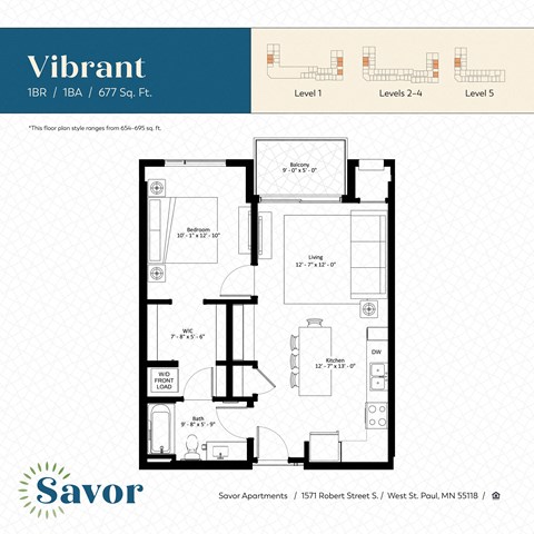 Floor plan for 1 bed, 1 bath, 677 sqft